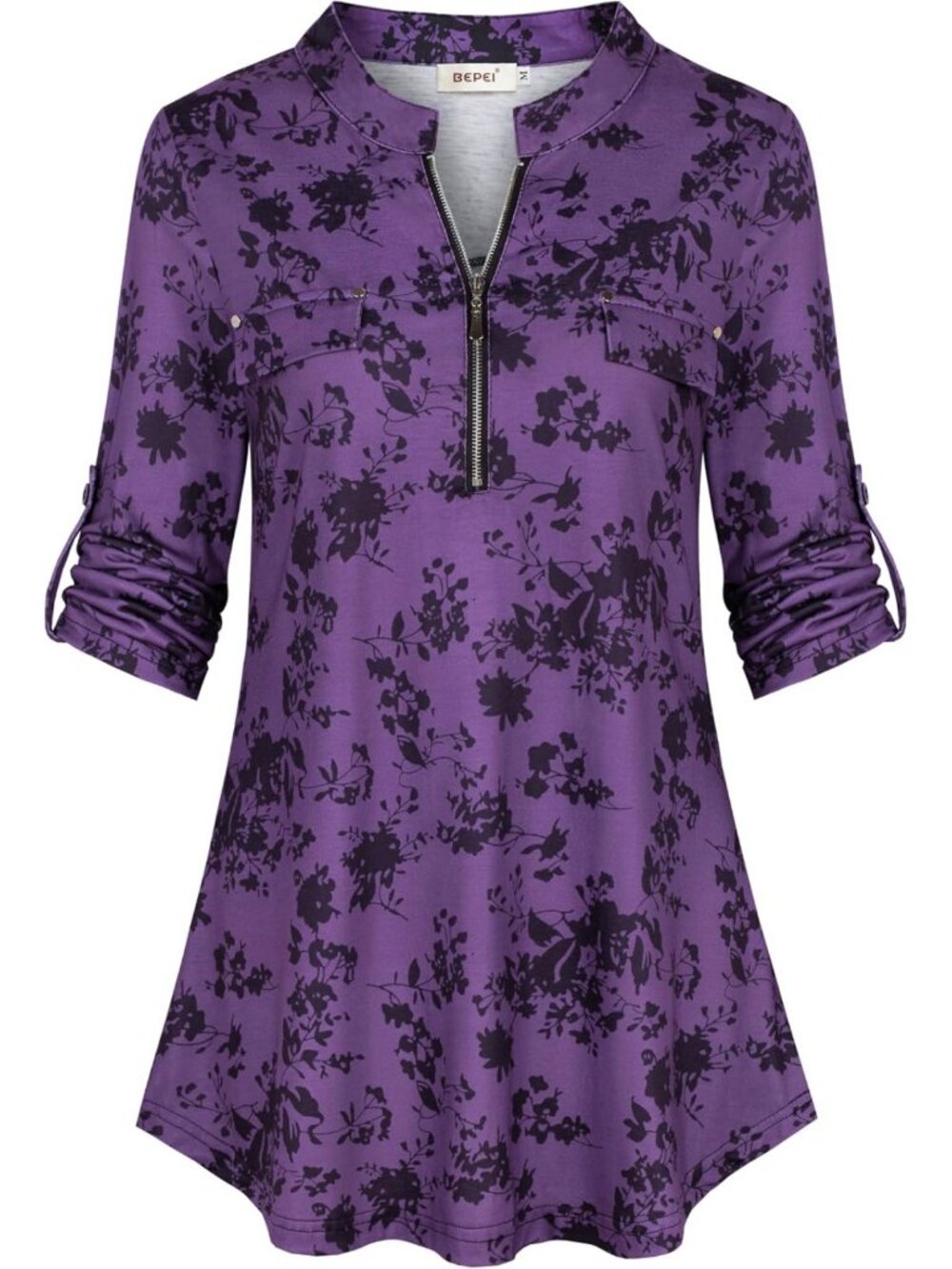 Floral 3/4 Sleeve Zip-Up V-Neck Blouse for Women - Office & Work Top